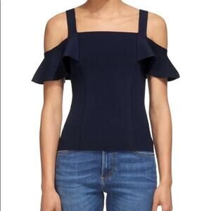 Whistles Cold Shoulder Stretch Ribbed Knit Tank Top Navy Blue Size 2